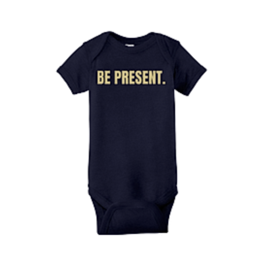 Navy Be Present baby onesie with gold lettering